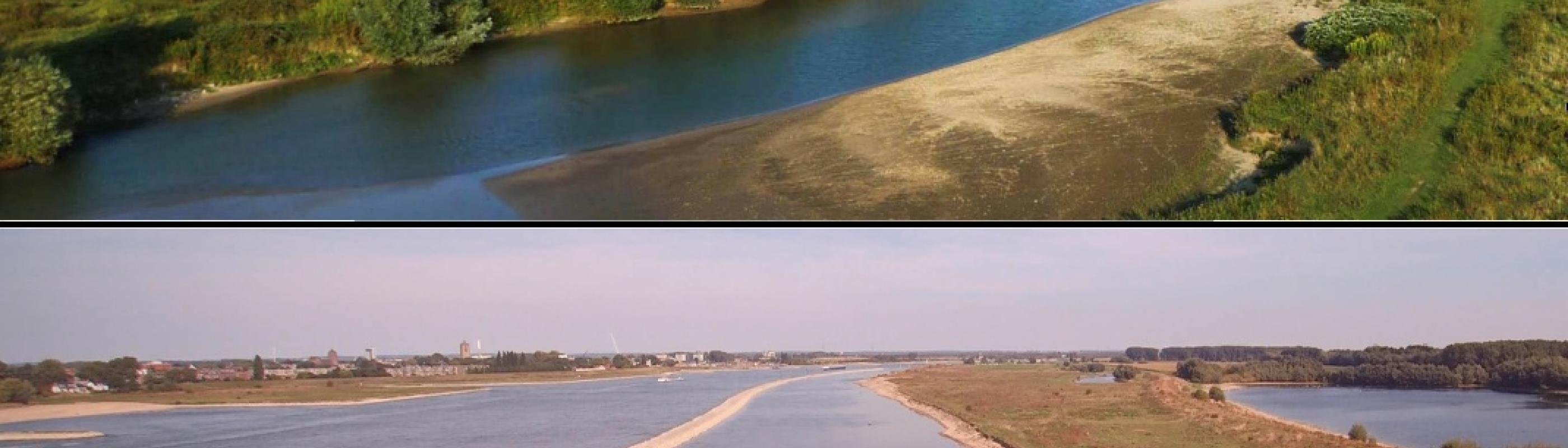 Boven: ‘Integraal meergeulenconcept’ (foto-bewerking geul Gamerense waard, Waal) Onder: ‘Constructief meergeulenconcept’ (langsdammen in de Waal nabij Tiel)