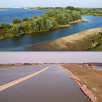 Boven: ‘Integraal meergeulenconcept’ (foto-bewerking geul Gamerense waard, Waal) Onder: ‘Constructief meergeulenconcept’ (langsdammen in de Waal nabij Tiel)